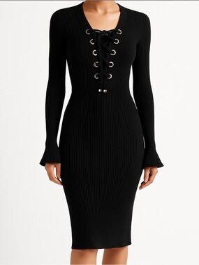 Michael Kors Black Ribbed Bodycon Dress Size S | Gold Lace-Up Detail